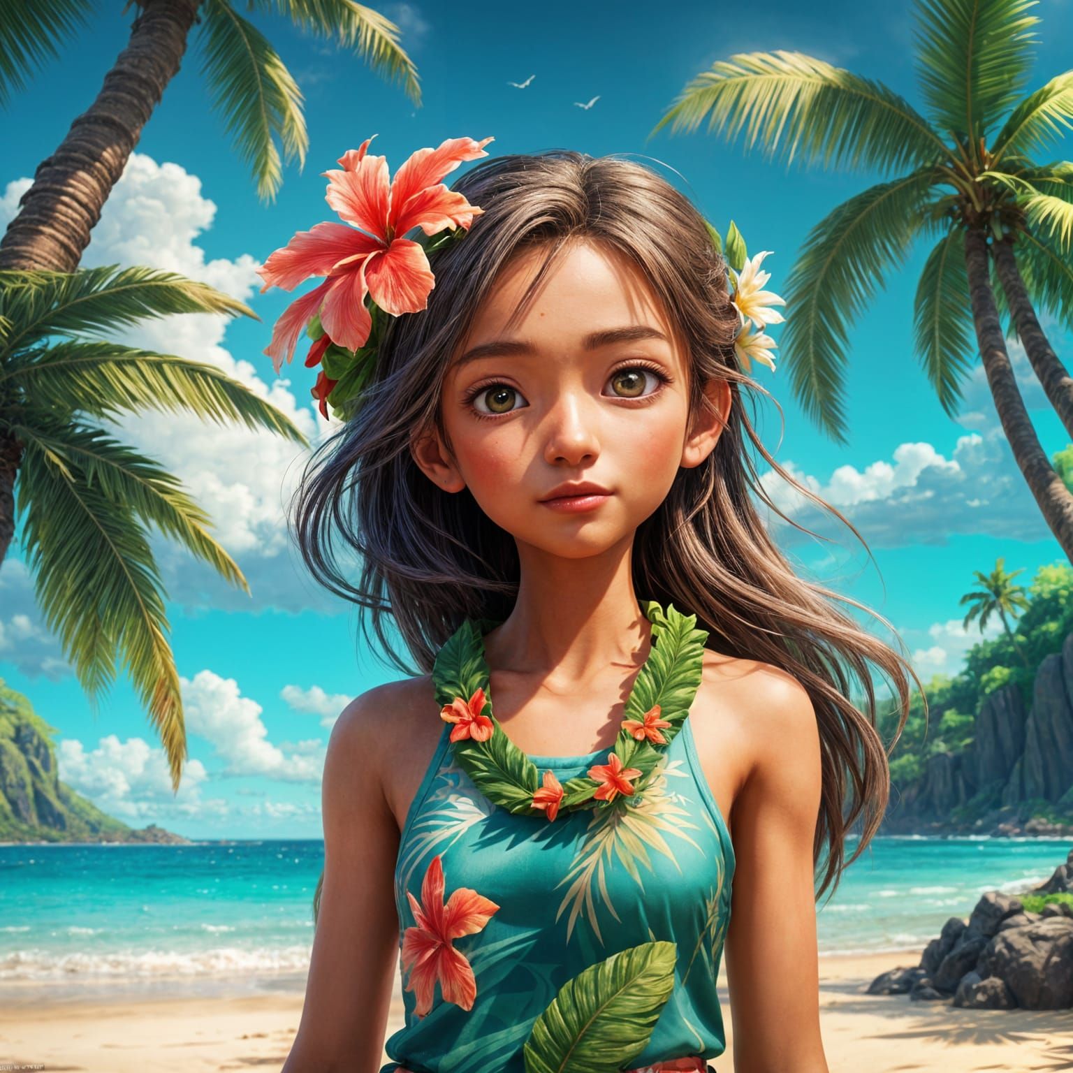 Detailed 3D Anime Art of Hawaiian Theme