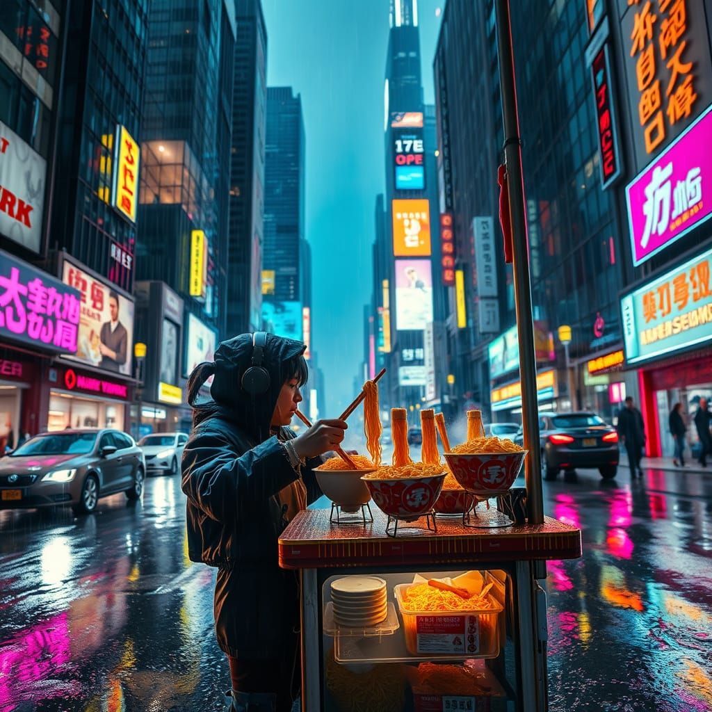 Cyberpunk Street Vendor in Neon Metropolis