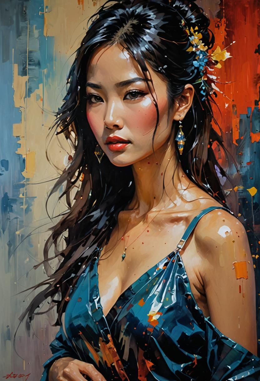 Heavily Stylized Wet Oil Painting of a Beautiful Asian Woman