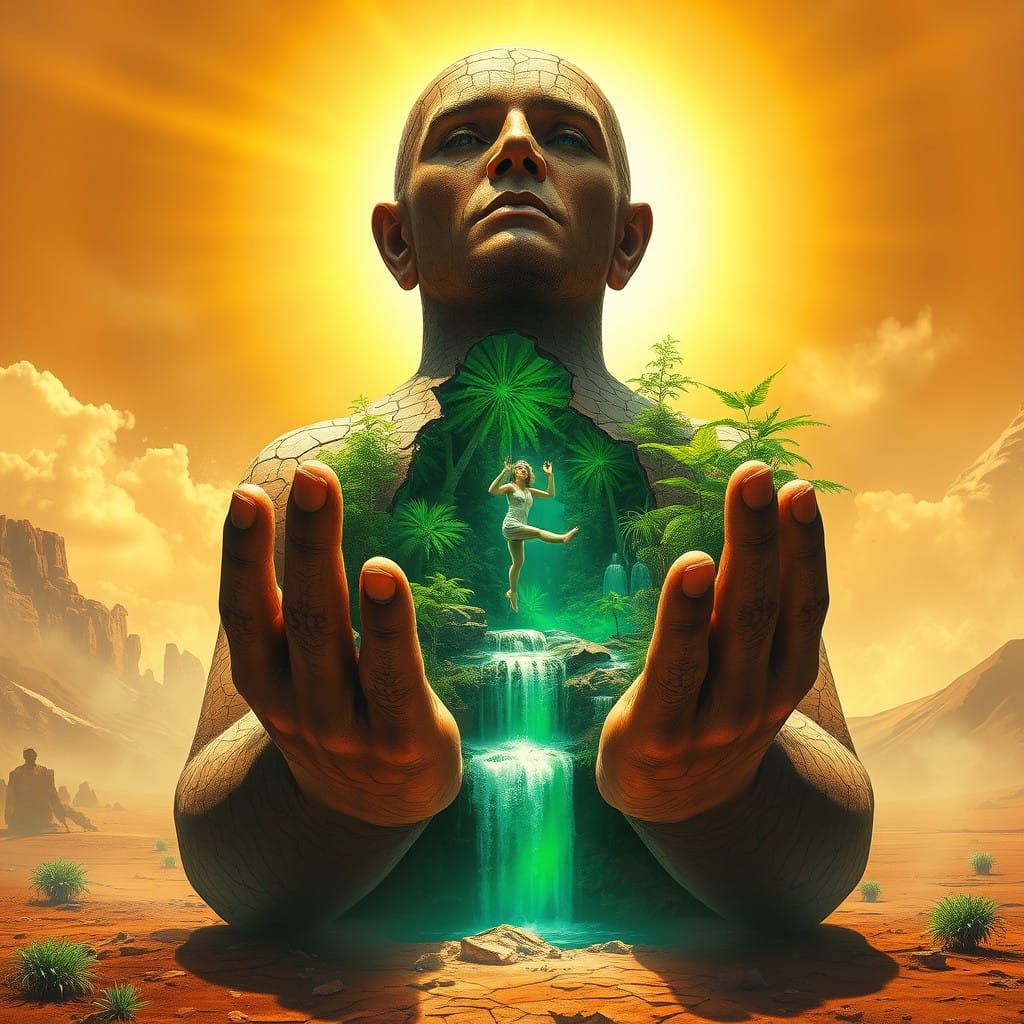 Surreal Oasis Amidst Desert Wasteland in Vibrant Color