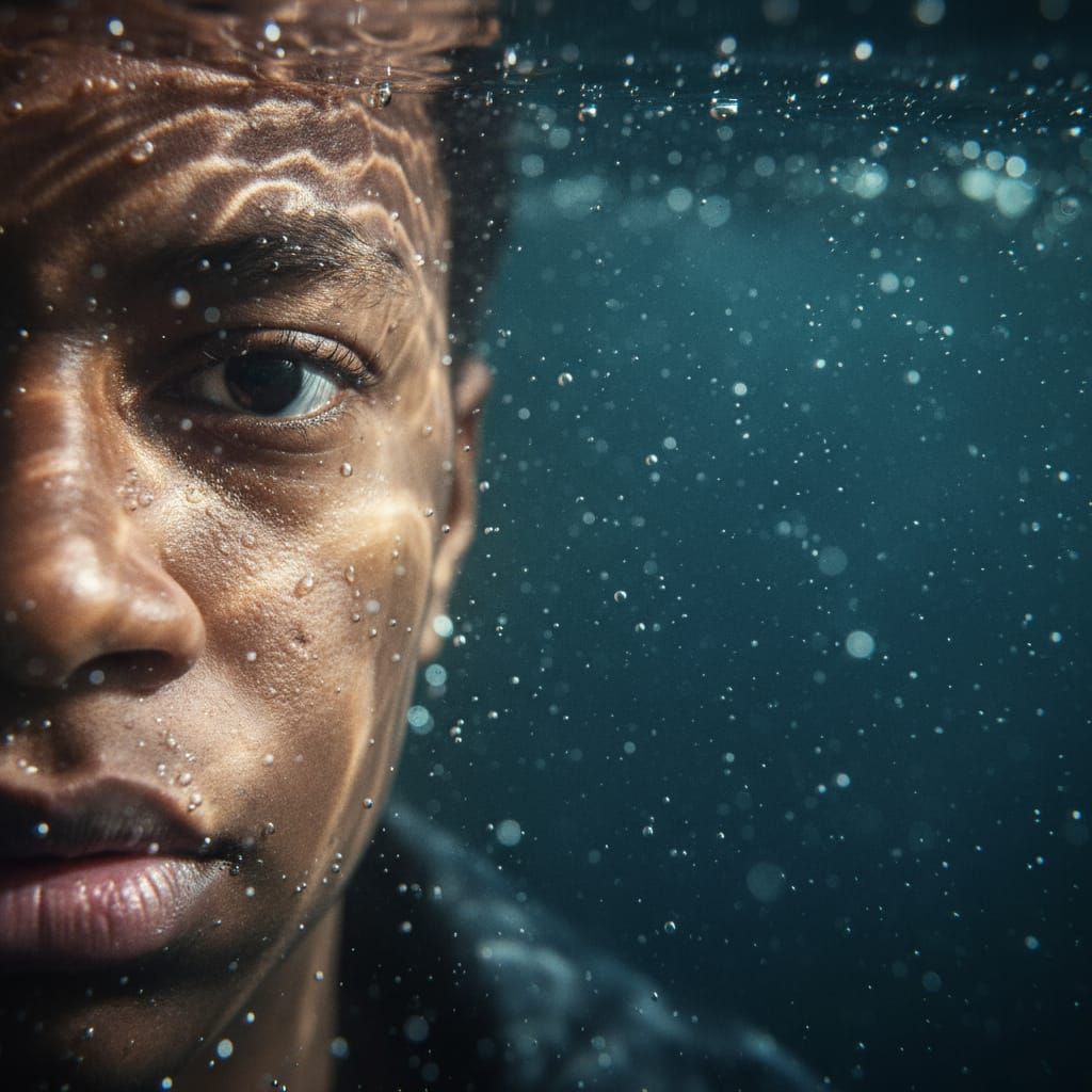 Hyperrealistic Face Submerged in Water, One Eye in Focus