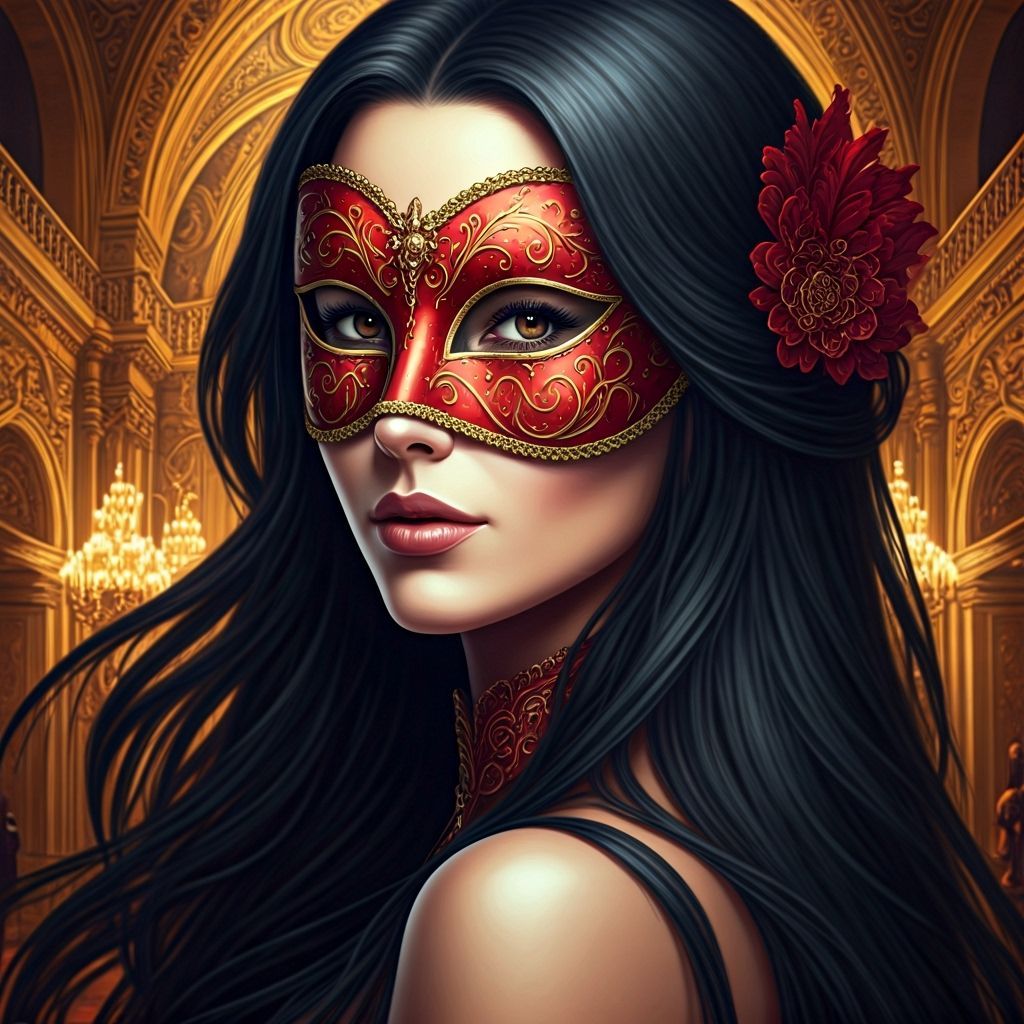 Venetian Masked Woman in Ornate Hall Digital Art