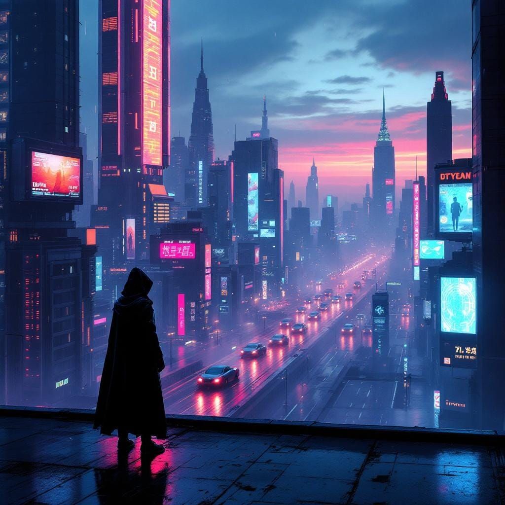 Twilight Reflections in a Cyberpunk Cityscape