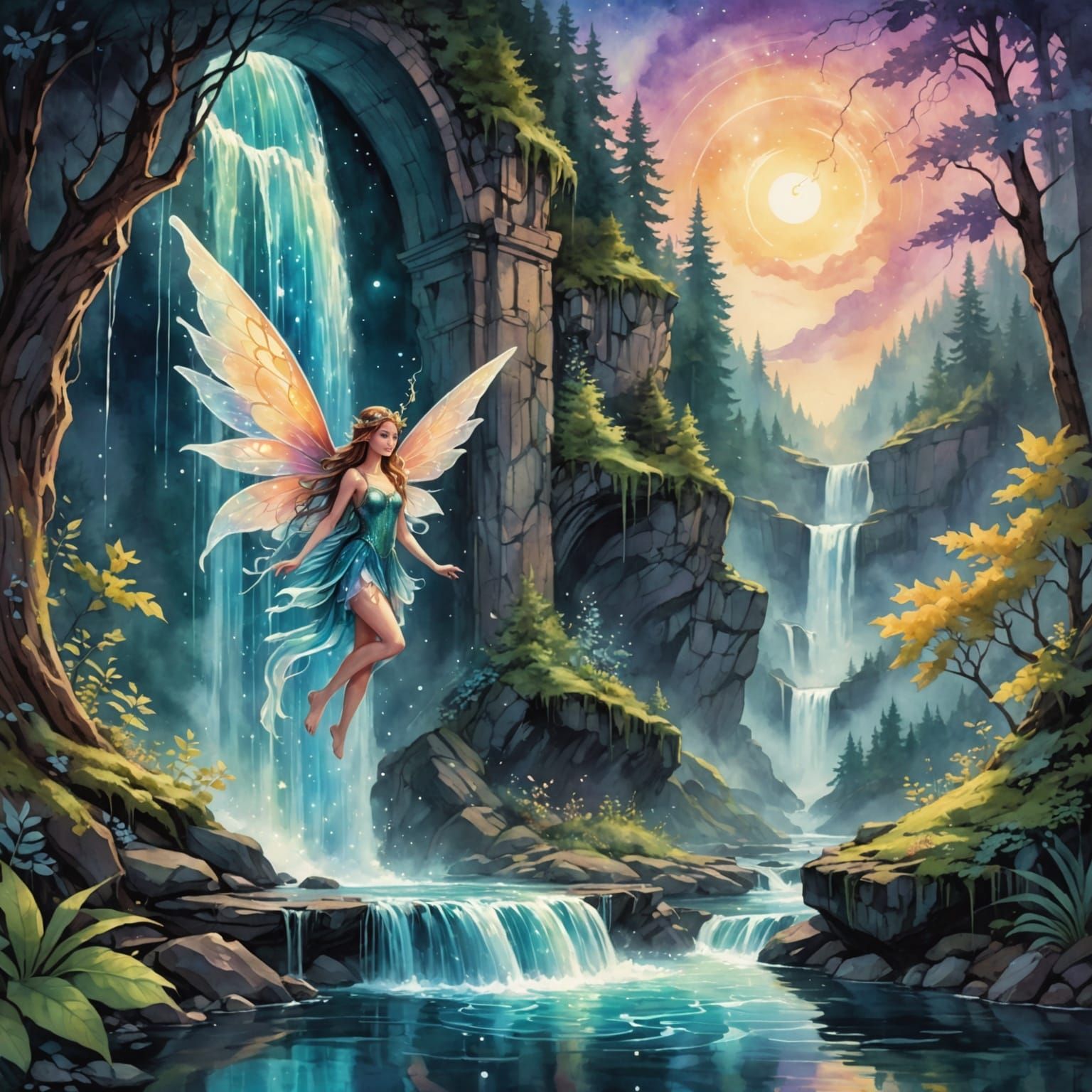 Fairy Hovers Near Portal in Watercolor Style