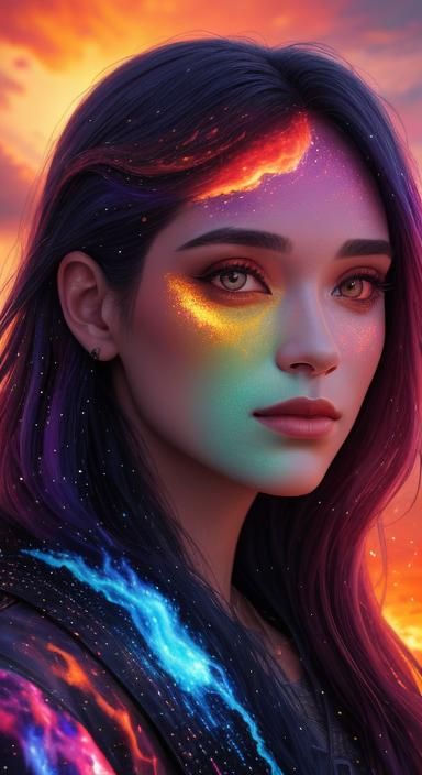 Fiery Girl at Sunset: Holographic Cosmic Illustration
