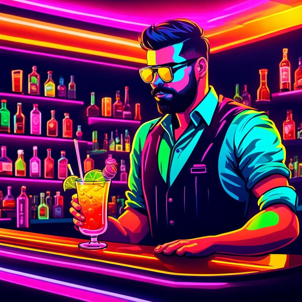 Neon Cocktail Bar Scene with Bartender