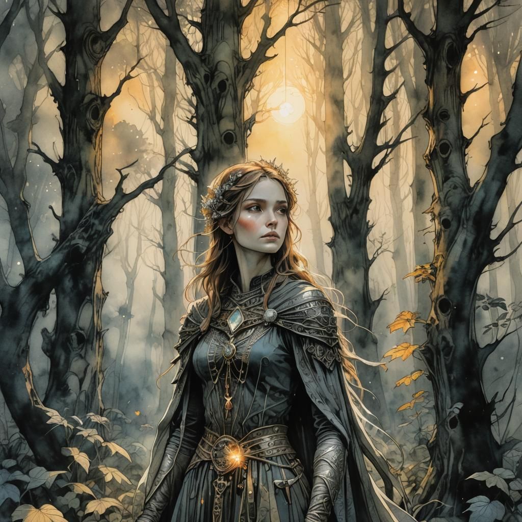 Mystical Forest Woman in Dark Fantasy Watercolor