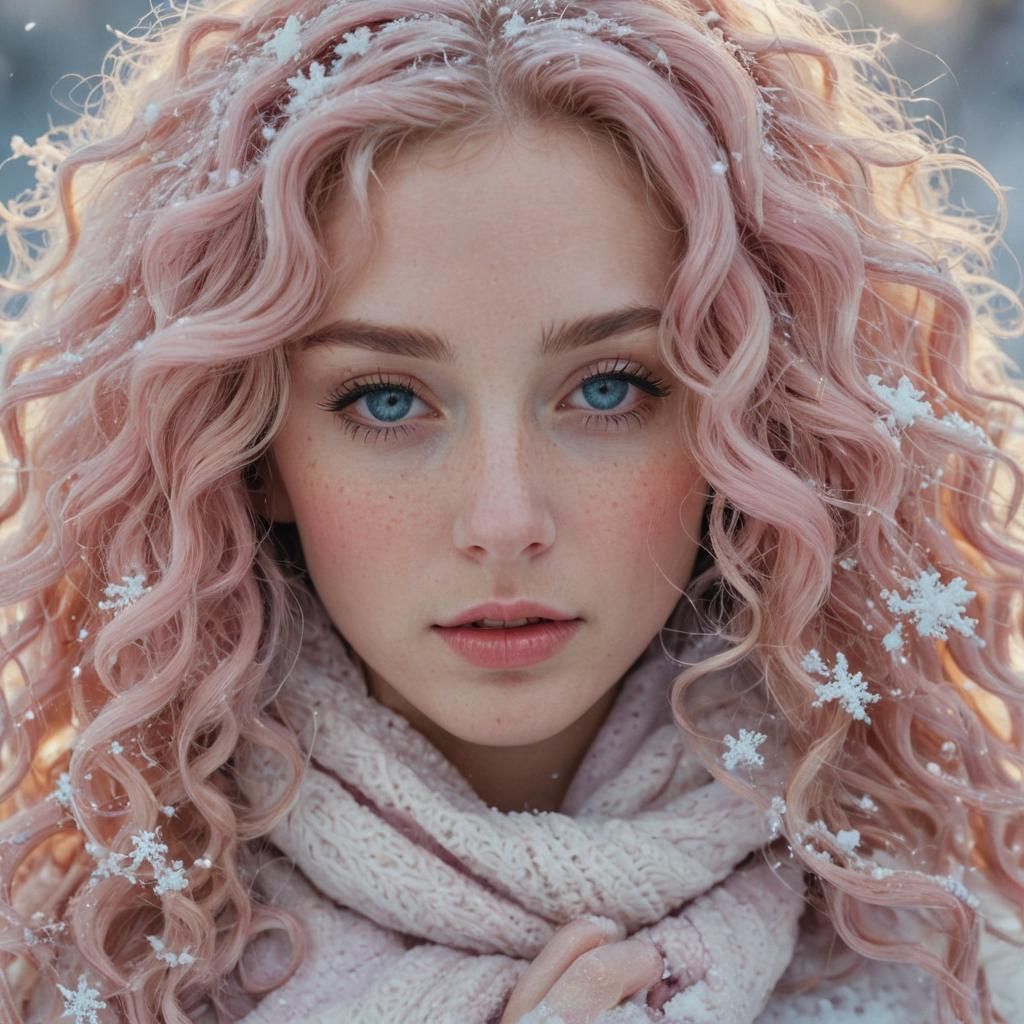 Pastel Pink Hair in Snow, Hyper-Realistic Photography