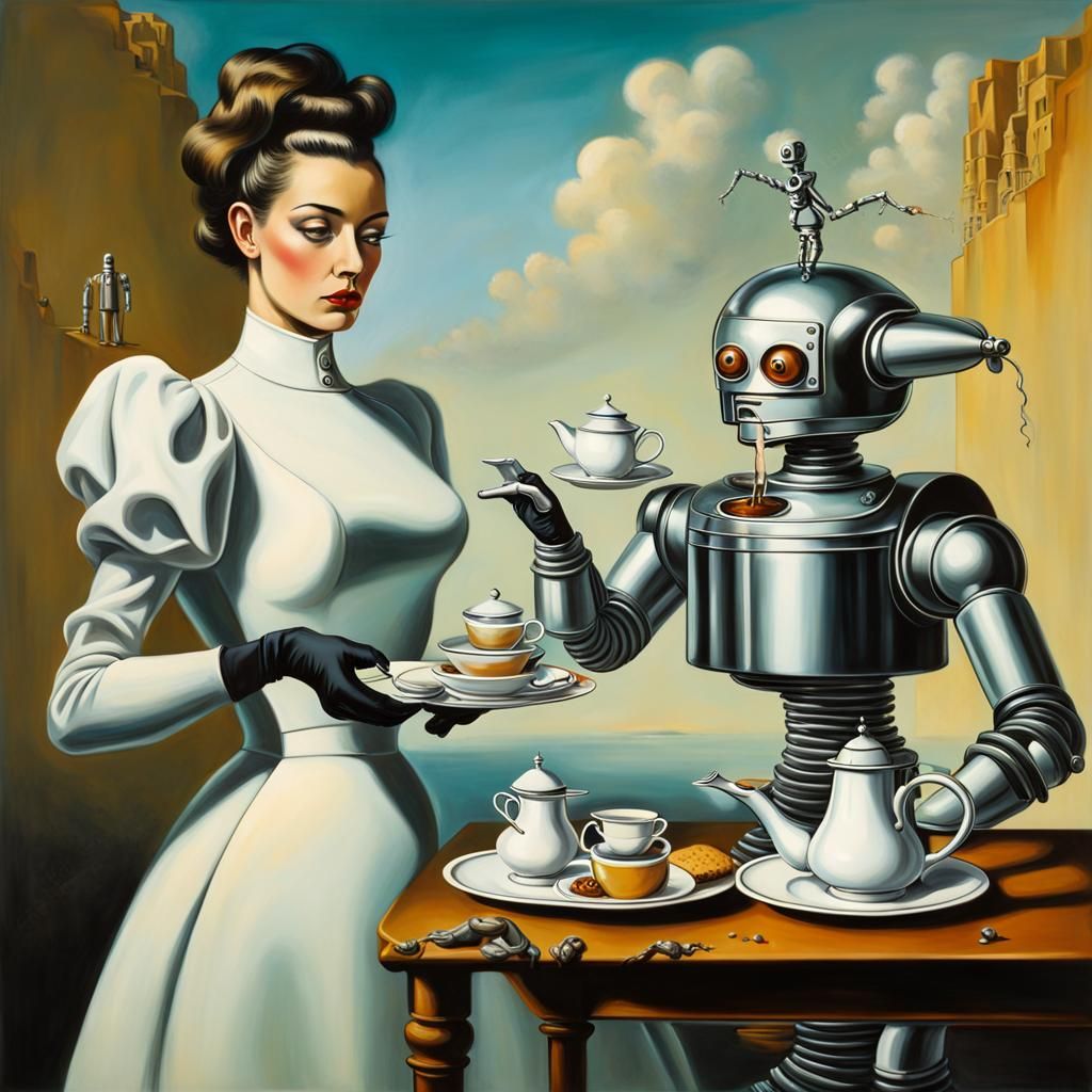 Surreal Robot Tea Party: Dali-esque Oil Painting