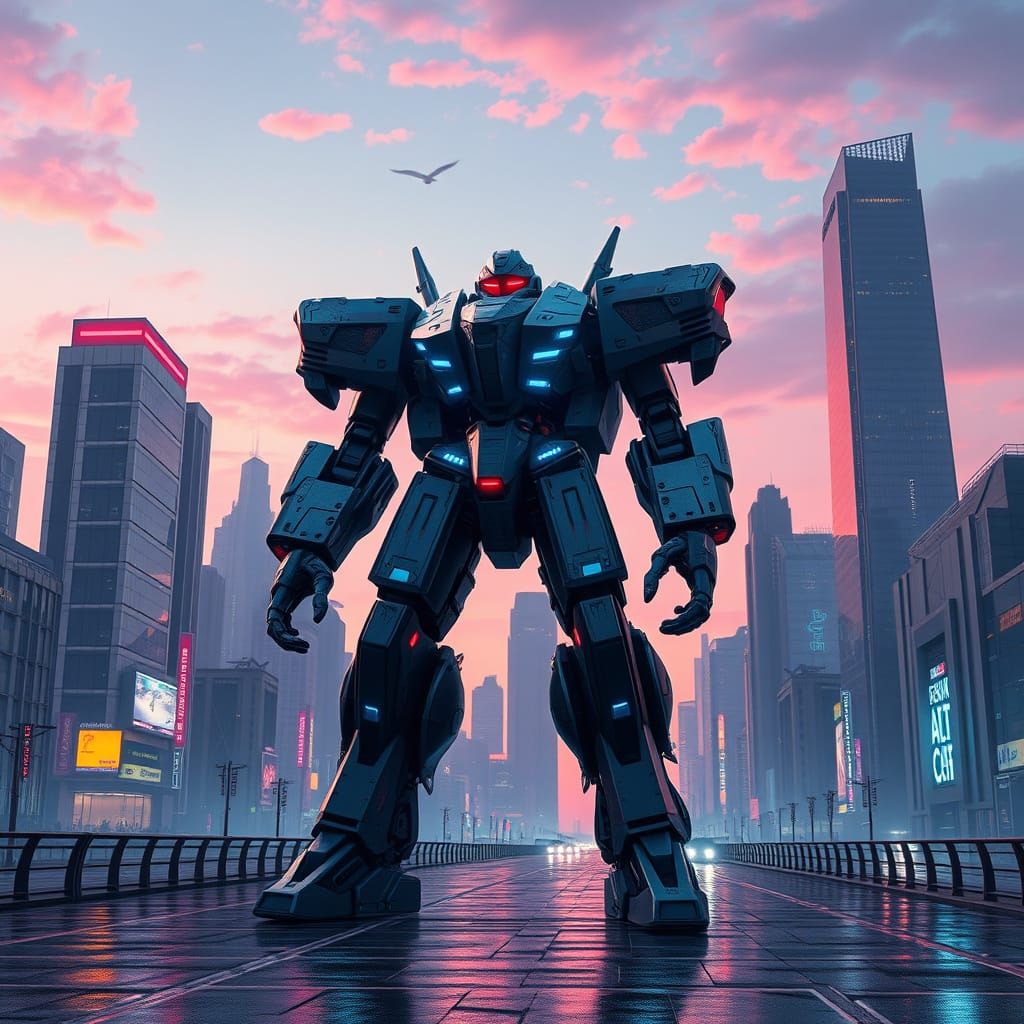 Cyberpunk Robot Emerges Victorious in Futuristic City