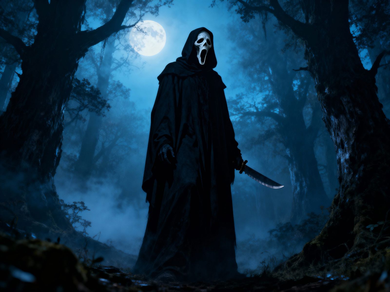 Hooded Figure Lurks in Foggy Moonlit Forest