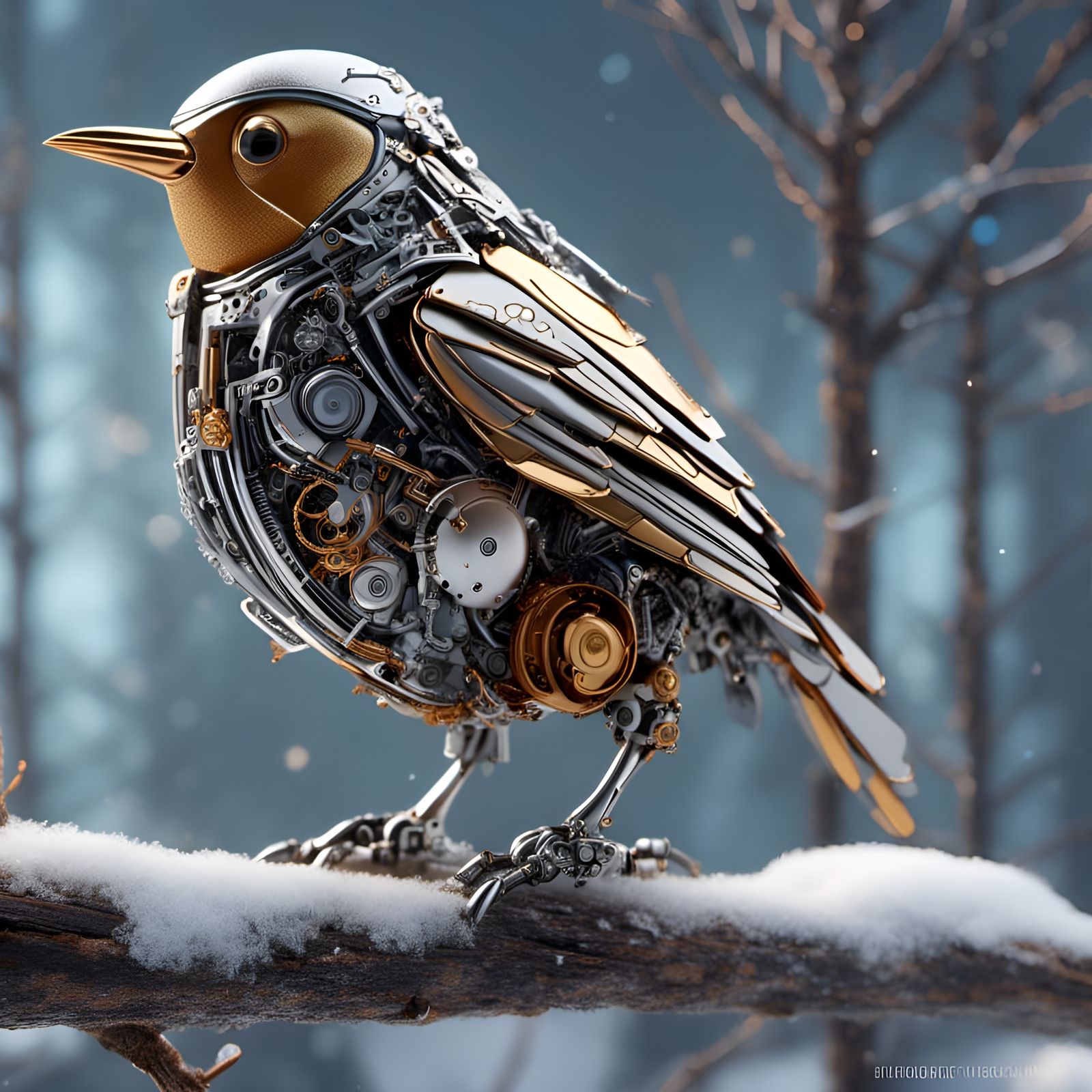 Hypermechanical Robotic Robin on Snowy Branch