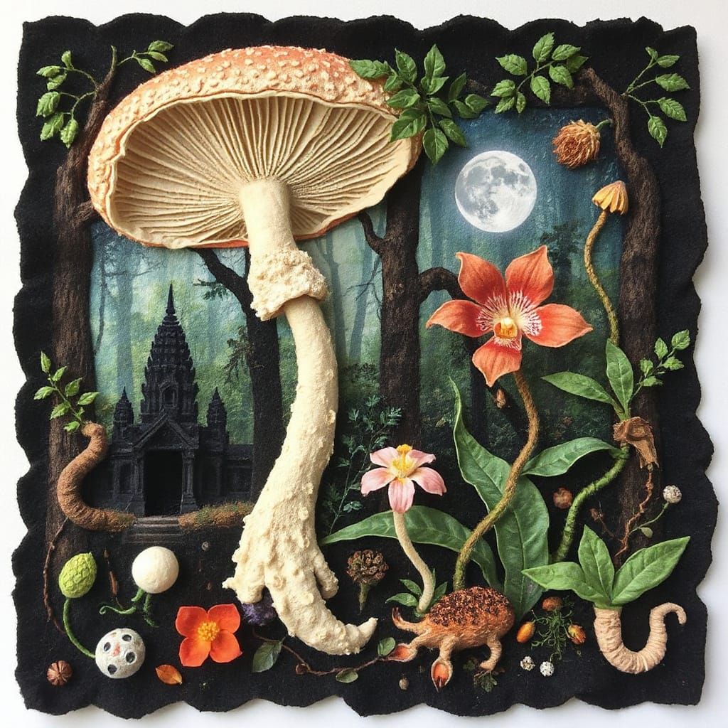 Surreal Jungle with Fungi in Nuno Felting Collage