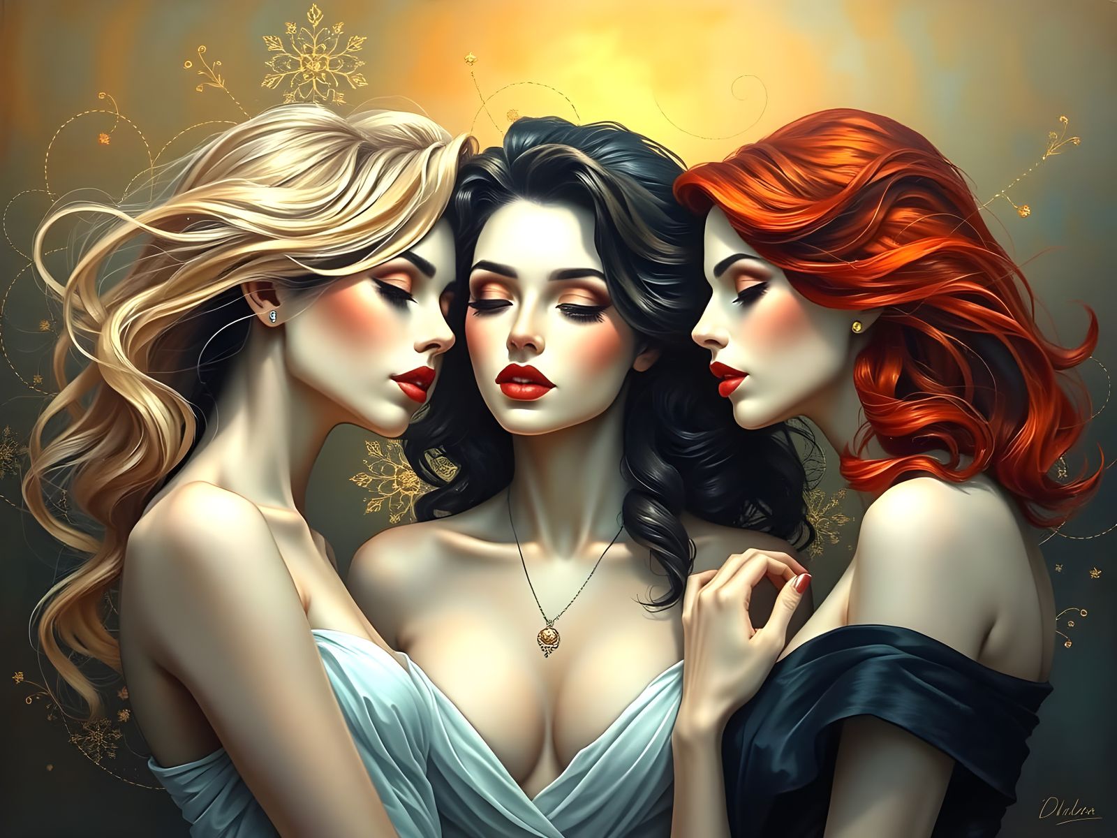 Surreal Art Nouveau Portrait of Three Women Sharing a Secret