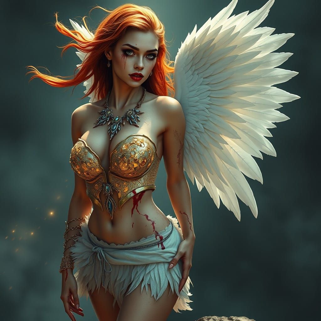 Regal Angelic Figure with Golden Crystals and Bloody Tears