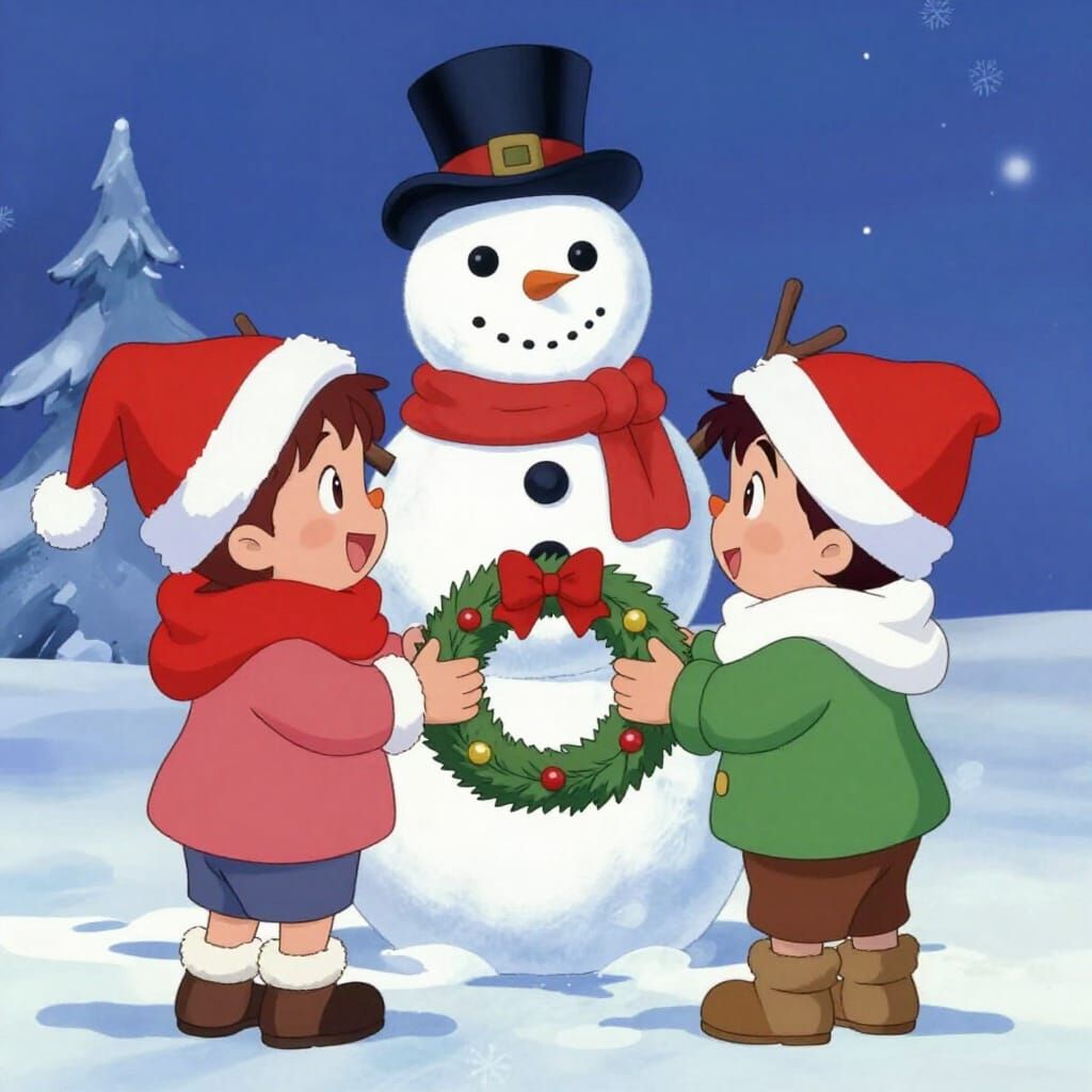 Classic Frosty the Snowman scene with two human children in stocking caps and coats meeting an animated snowman. The chi...