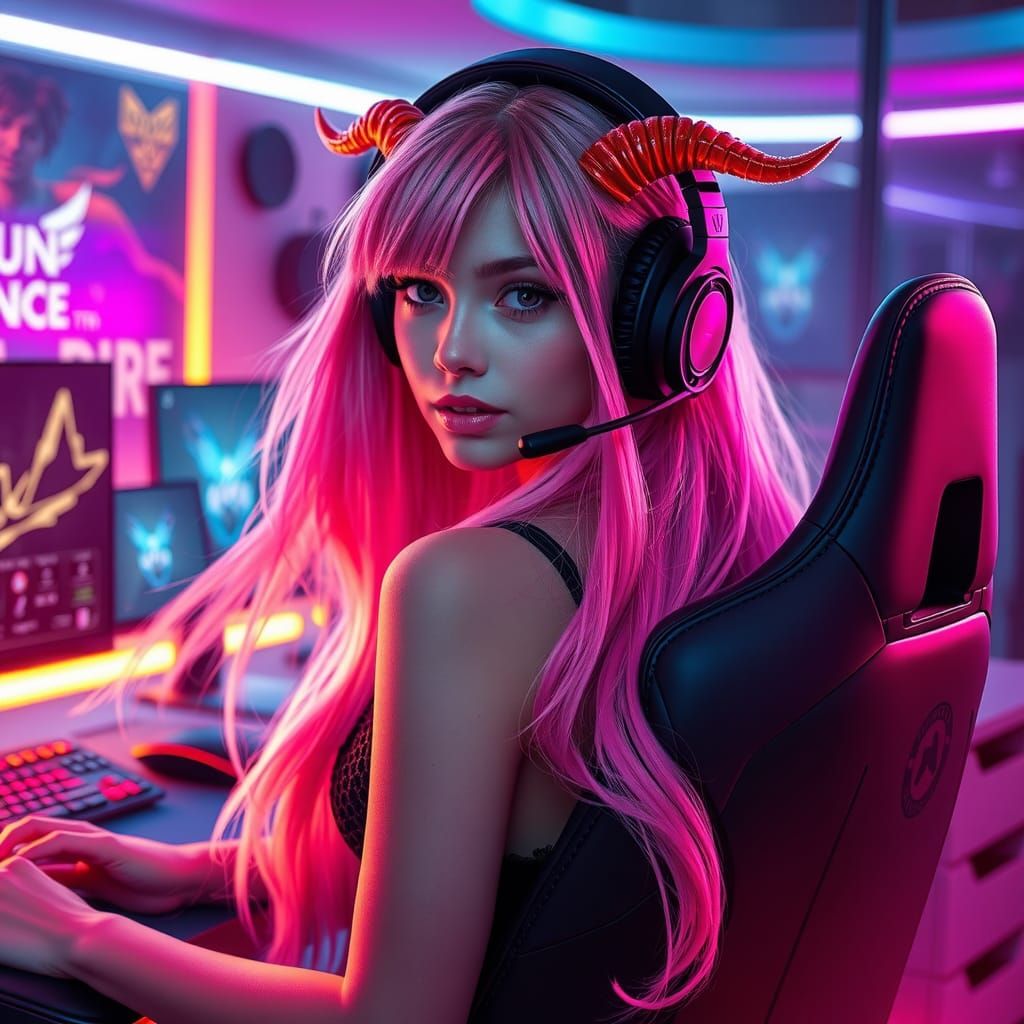 Gaming Woman with Pink Hair and Red Horns in Neon Light
