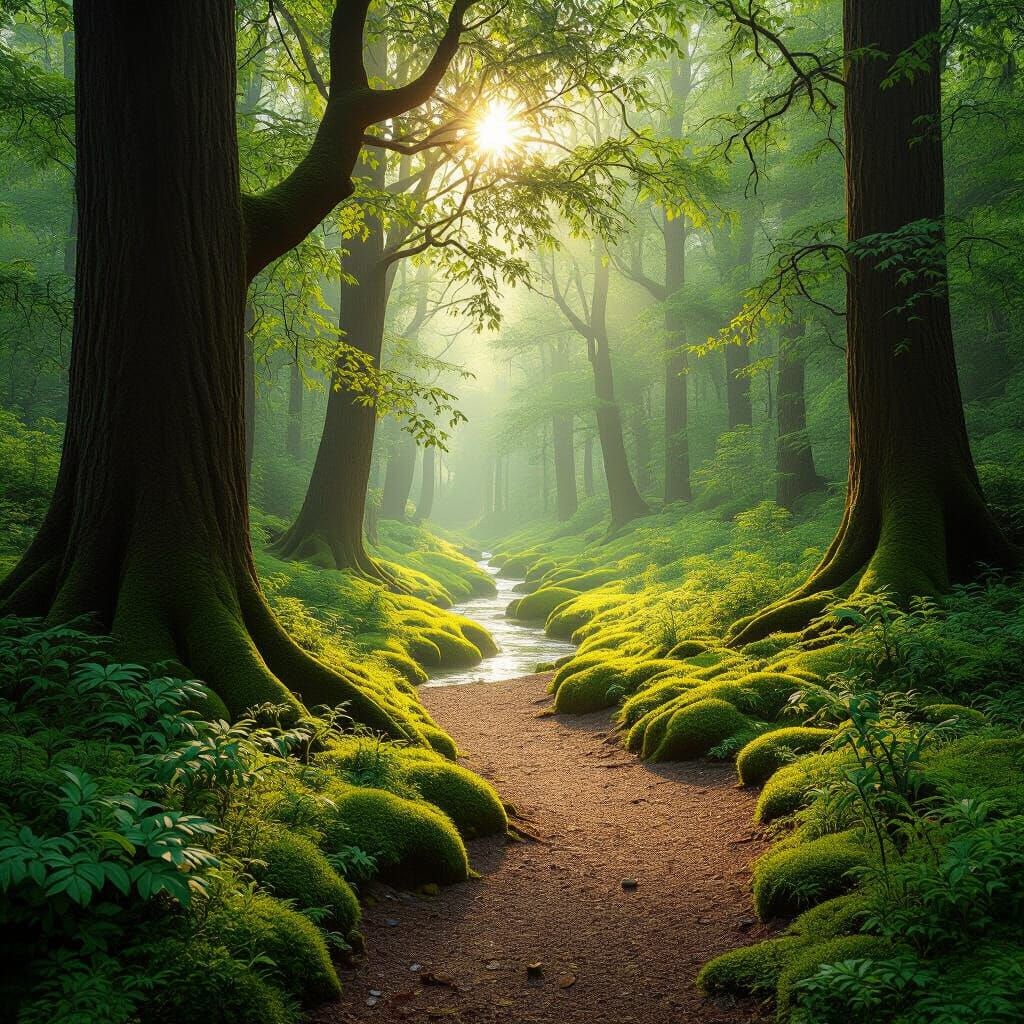 Tranquil Forest Path with Dappled Sunlight