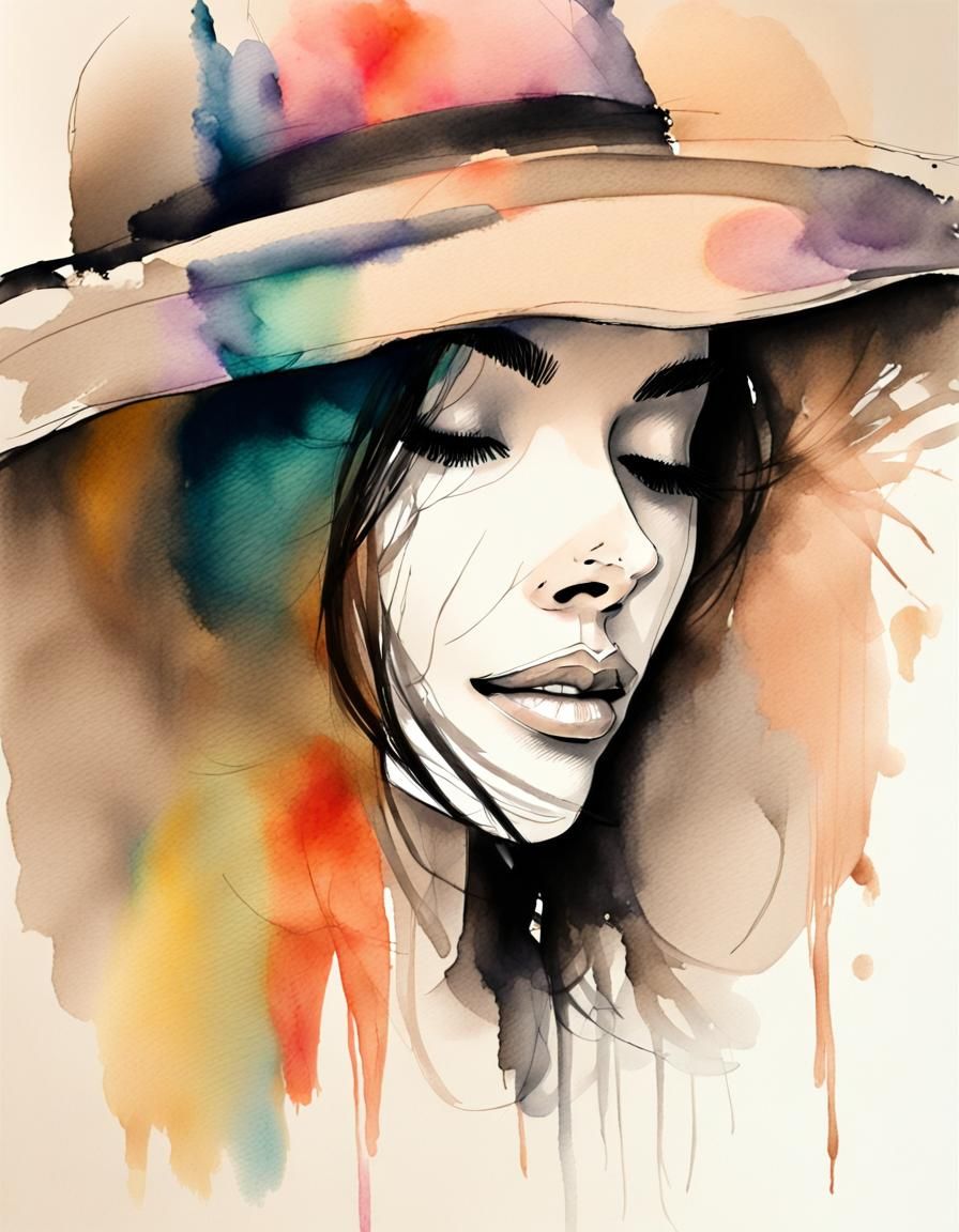 Beautiful woman, hat, artfully ink drawing