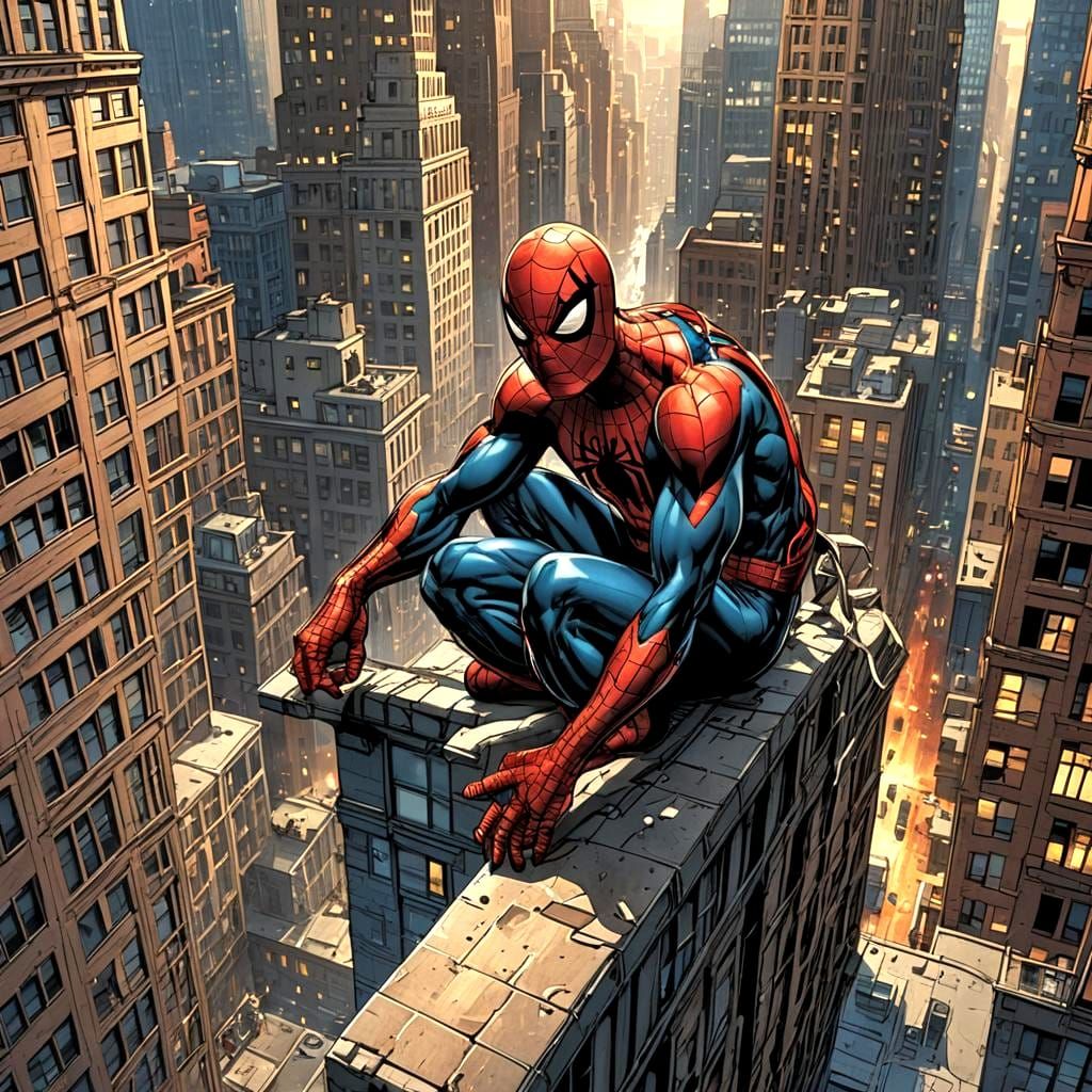 Spiderman on Building, Comic Book Art Style