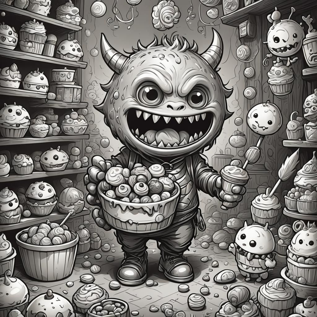 Chibi Monster Stealing Sweets in Cartoon Doodle