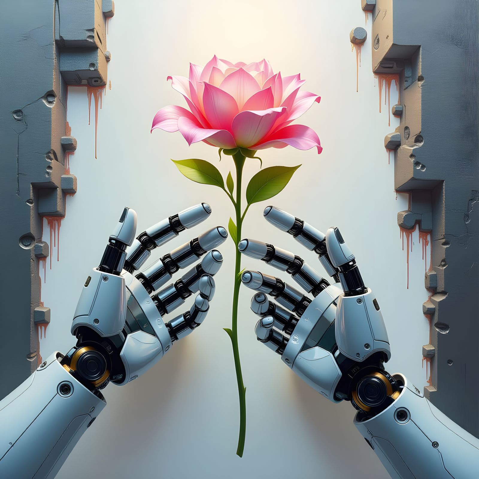 Robotic Hands Holding Flower in Cyberpunk Style