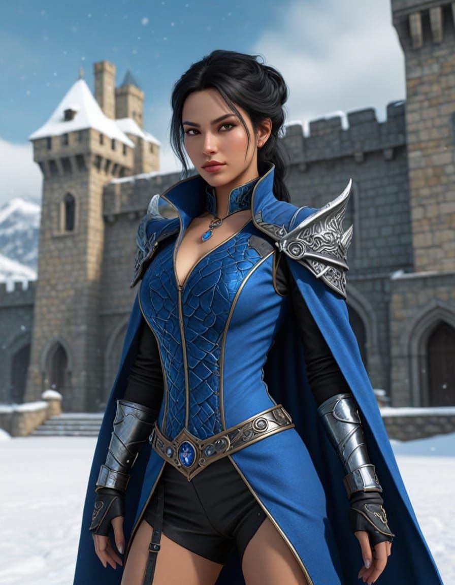Feminine Villain in Sapphire Blue Before Snowy Castle with D...