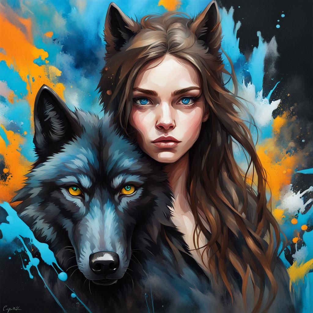 Girl Riding a Black Wolf in Graffiti Art Style