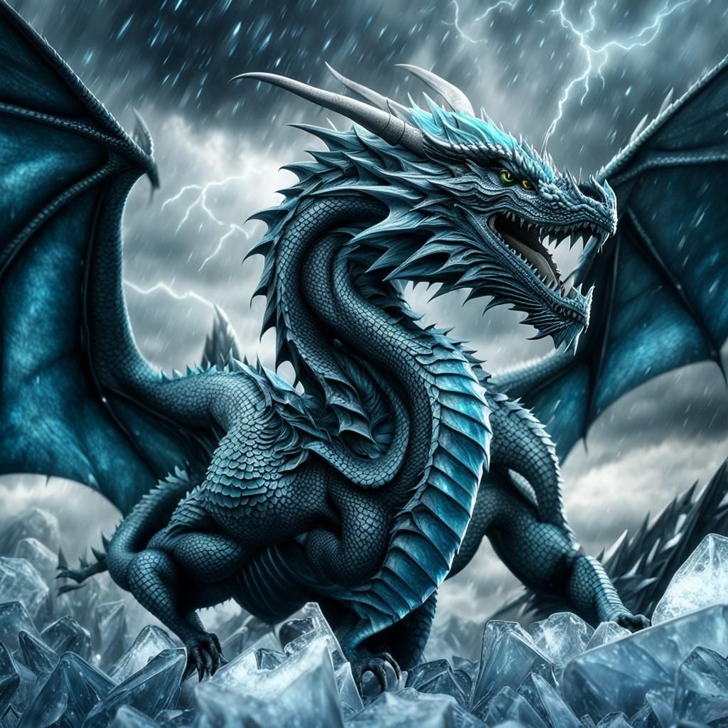 Ice Dragon in Stormy Skies: Hyperrealistic Rendering