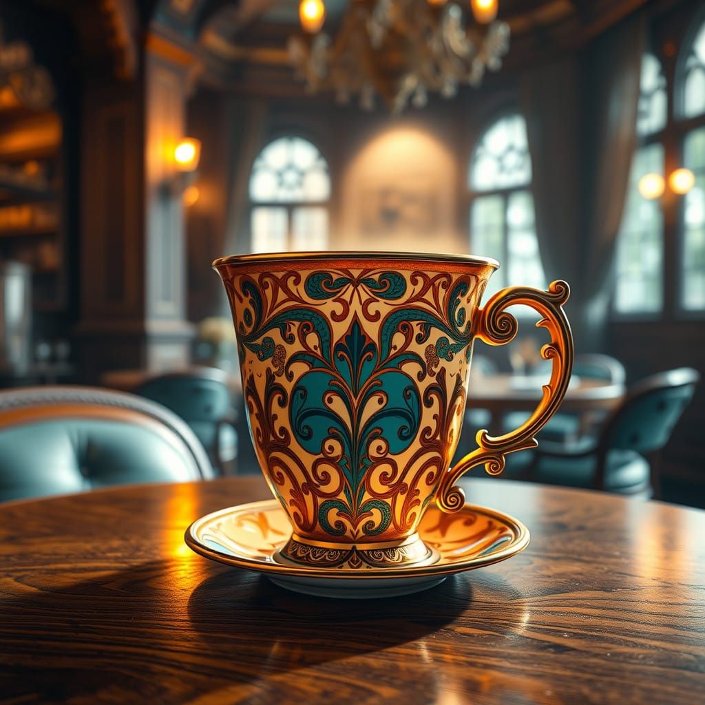 Luxurious Art Nouveau Coffee Cup in Warm, Inviting Café