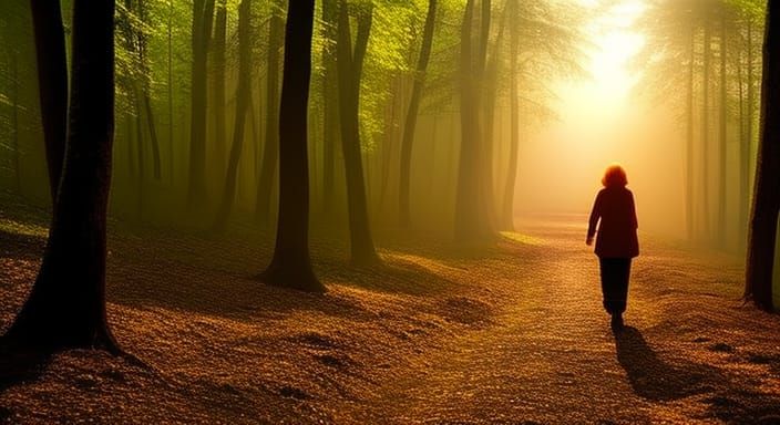 Mystical Forest Path with Old Woman: Photorealistic Image