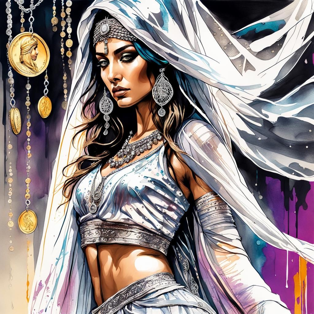 Neurographic ink drawing of an Arabian belly dancer dressed ...