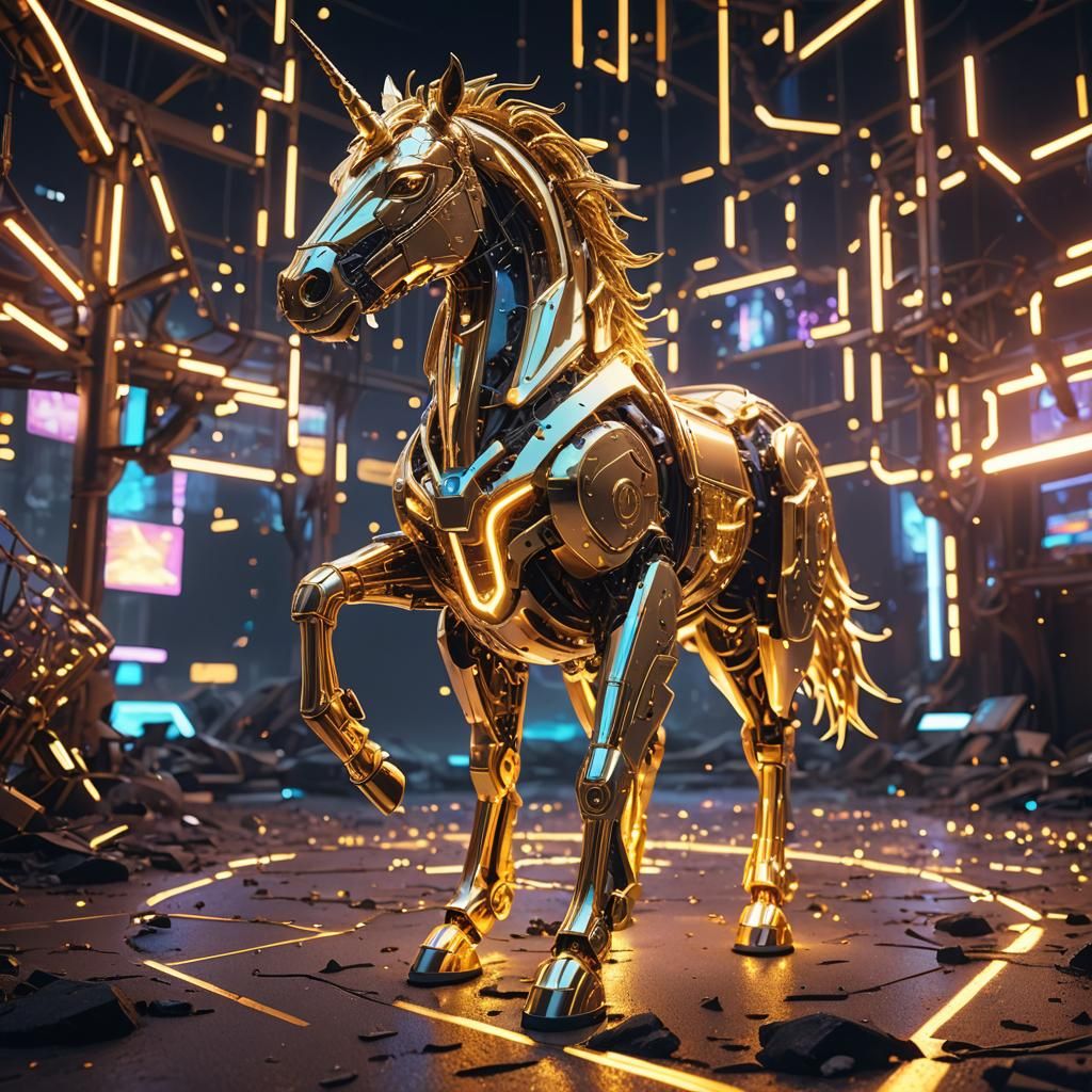 Golden Unicorn in Neon Luminescence