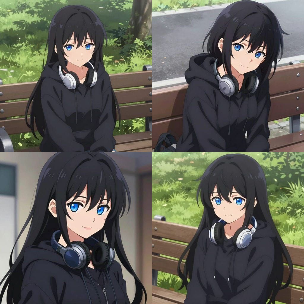 Anime Girl on Bench with Black Hoodie and Headphones