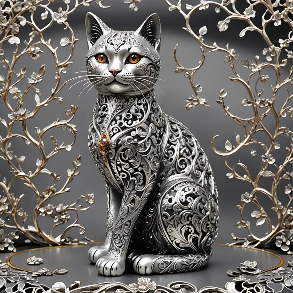 Silver Lacquer Cat Figurine in 8k Resolution