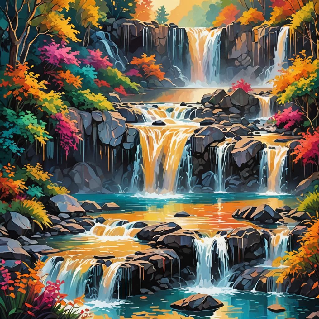 Sunrise Multicolored Waterfall in Digital Poster Style