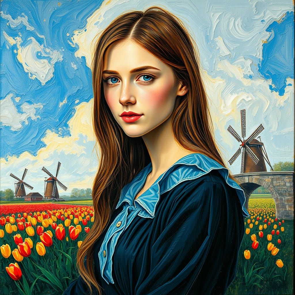 A beautiful young Monalisa in a Tulips field.