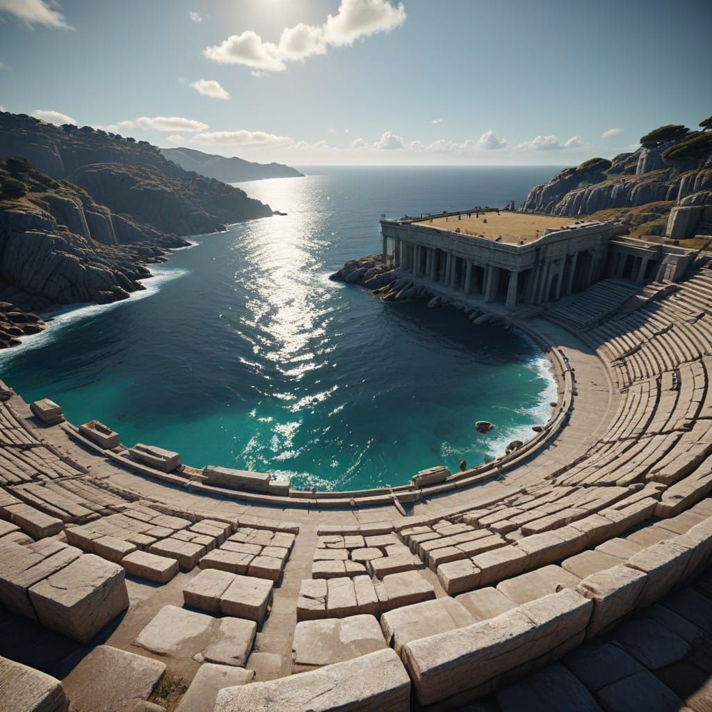 Ancient Greek Theatre Overlooks Dramatic Bay in 3D Render
