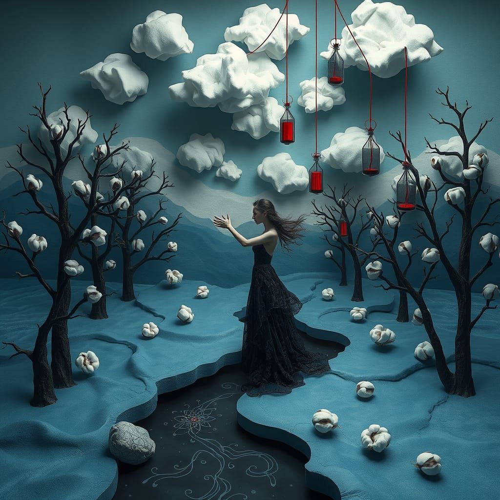 Dreamlike Surreal Landscape with Paper Trees