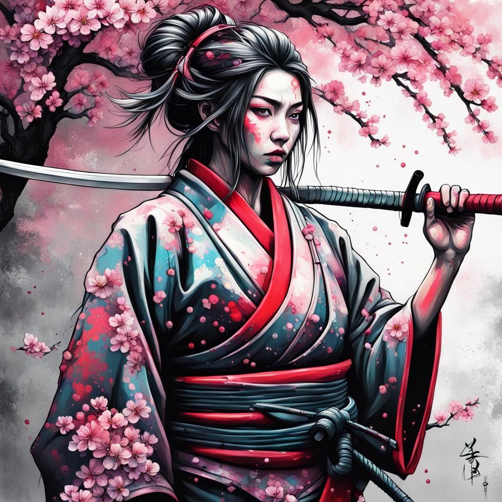 Female Samurai with Cherry Blossoms Graffiti Art