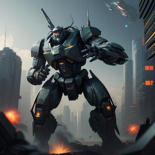 Epic Mech Battle in Futuristic Cityscape
