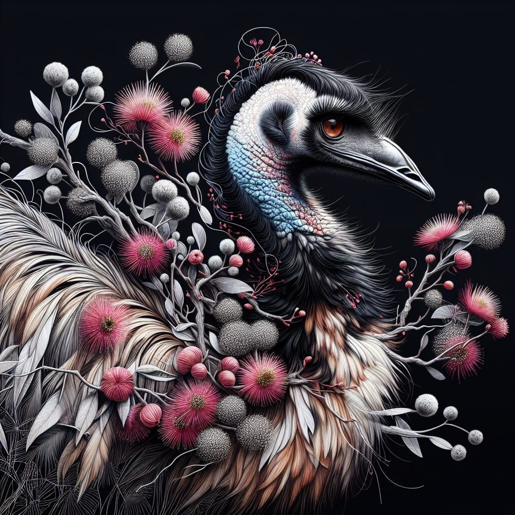 Emu in Oil Painting with Flowering Gum
