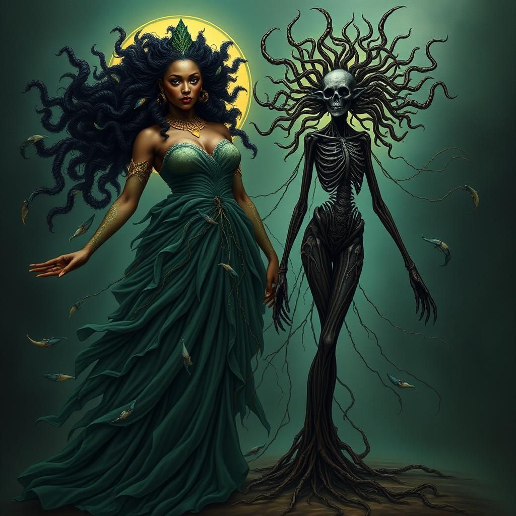 Goddesses of Sea and Soil in Surreal Biomechanical Style