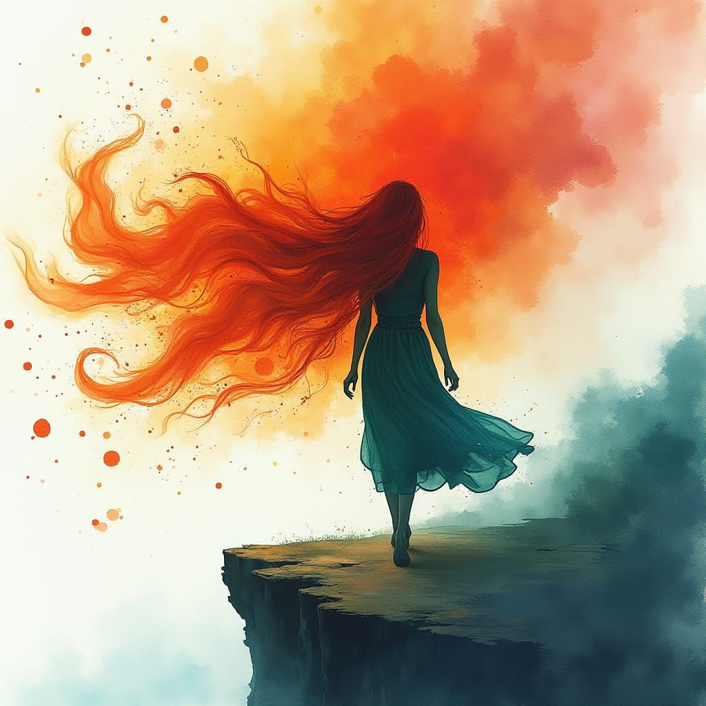 Surreal Watercolor Irish Woman at Cliffs of Moher