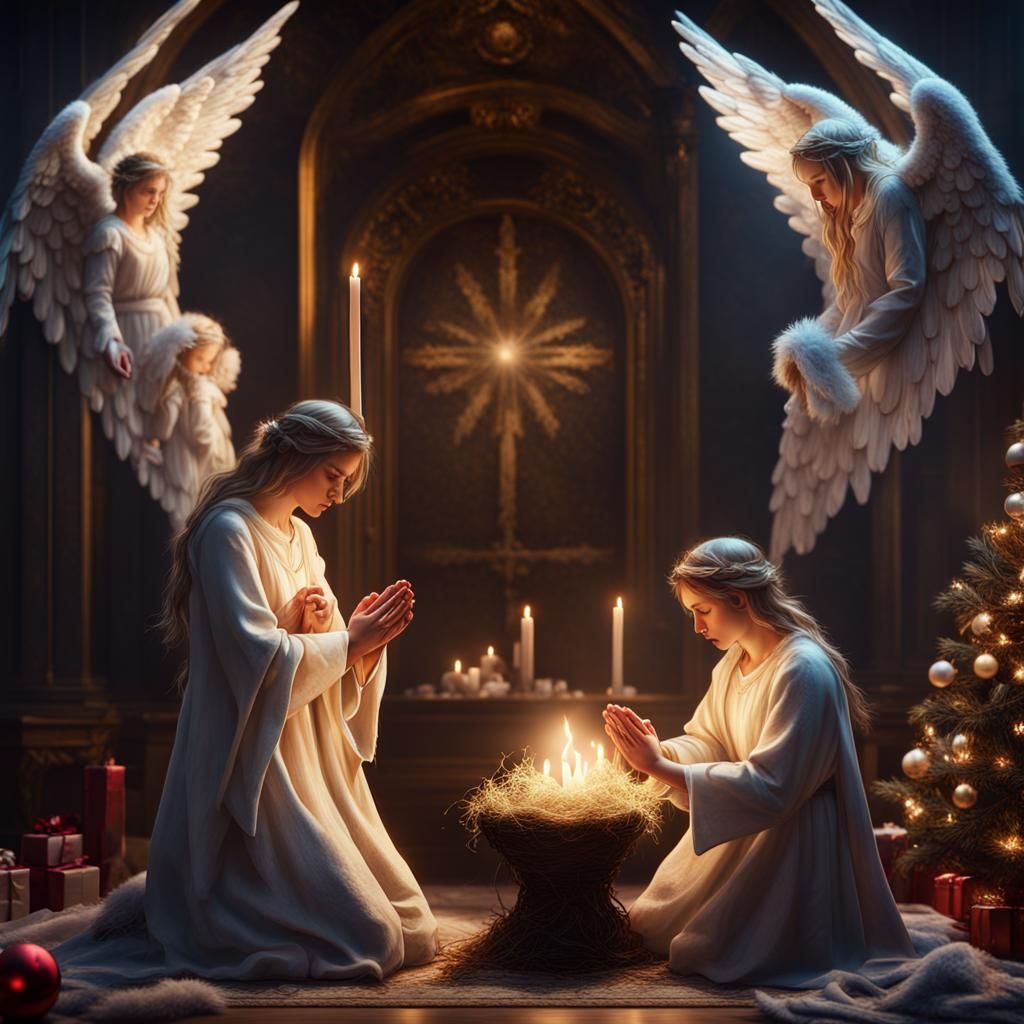 Christmas Angels Praying: Detailed Matte Painting