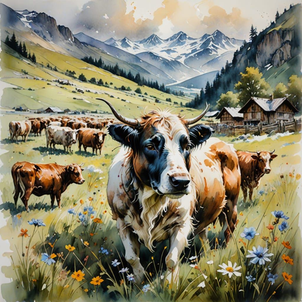 Elegant Watercolor of Alpine Meadow with Shepherd Dog and Co...