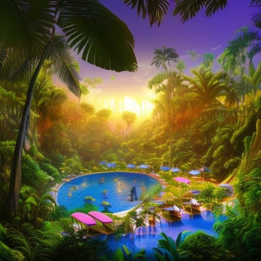 Luxury Hotel Pool in Lush Jungle at Sunset