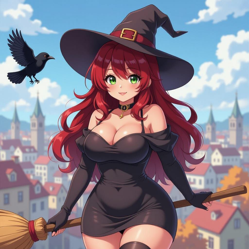 Anime Witch on Broomstick Over Autumn City