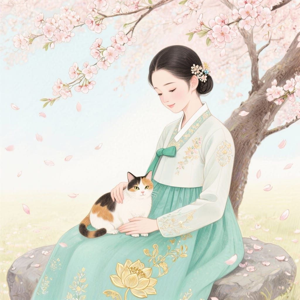 Manhwa Portrait: Woman and Cat Under Cherry Blossoms
