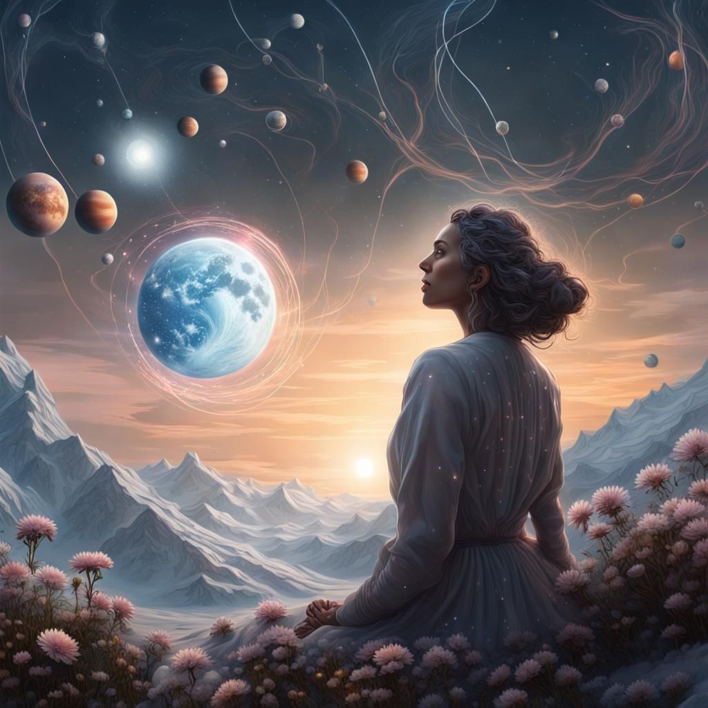 Woman Gazing at Cosmic Sky, Dark Fantasy Art